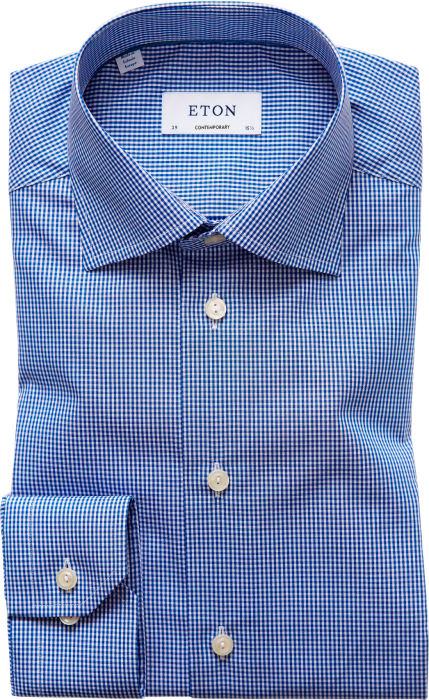 Eton - Light Checked Contemporary Fit, Cut Away - Mørk blå