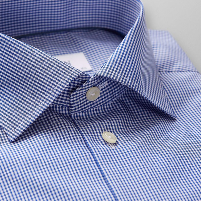 Eton - Light Checked Contemporary Fit, Cut Away - M&oslash;rk bl&aring;