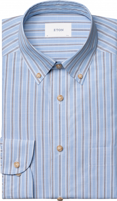 Eton - Bl&aring; Chambray Herreskjorte Stribet - Mid Blue