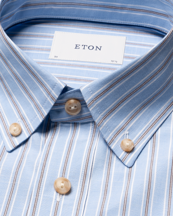 Eton - Bl&aring; Chambray Herreskjorte Stribet - Mid Blue