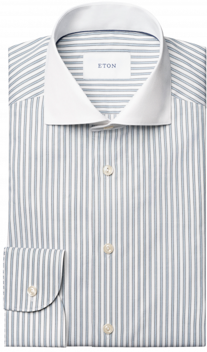 Eton - Lysebl&aring; White Collar Stribet Slim Fit Skjorte - Lysebl&aring; & hvid