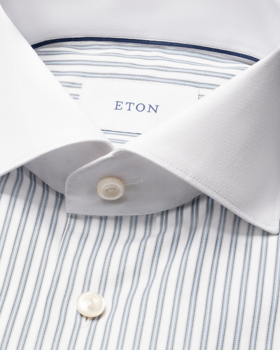 Eton - Lysebl&aring; White Collar Stribet Slim Fit Skjorte - Lysebl&aring; & hvid
