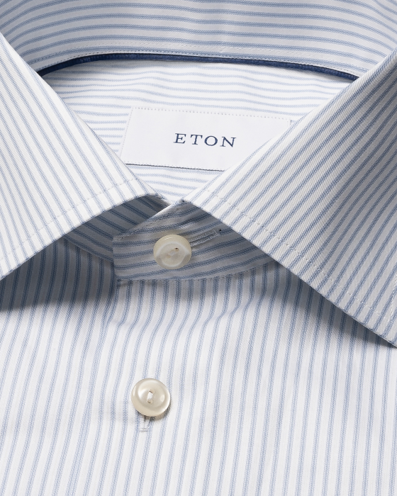 Eton - Lysebl&aring; Stribet Fine Twill Skjorte Slim Fit - Hvid & lysebl&aring;