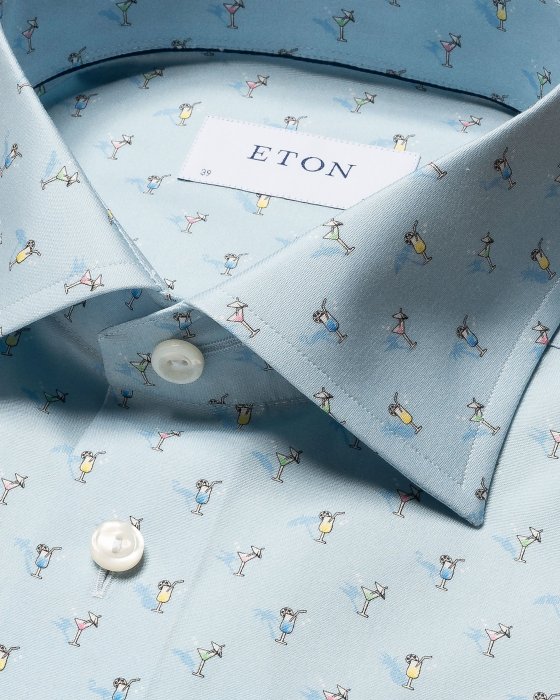 Eton - Lysebl&aring; Business Skjorte Med Drink Print Slim Fit - Himmelbl&aring;