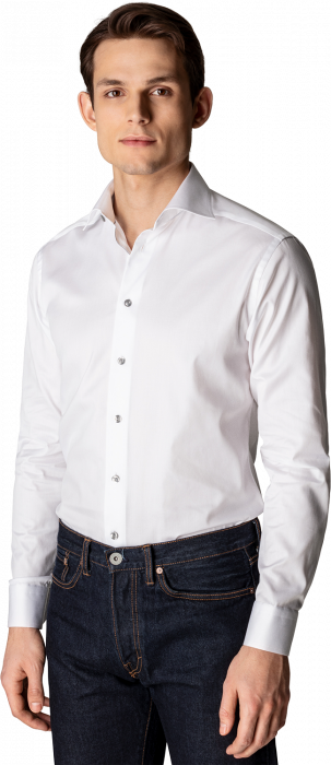 Eton - Hvid Twill Skjorte, Gr&aring; Kontrast, Contemporary - Hvid