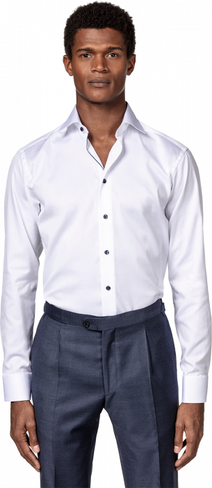 Eton - Hvid Twill Skjorte, Navy Kontrast, Contemporary - Hvid
