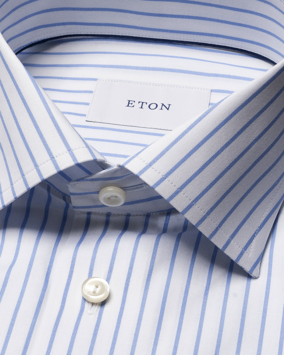 Eton - Bl&aring; Pencil Stripe Twill Slim Fit Skjorte - Mid Blue