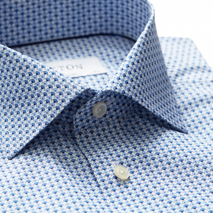 Eton - Poplin Floral Micro Print, Slim Fit, Cut Away - Bl&aring; & hvid