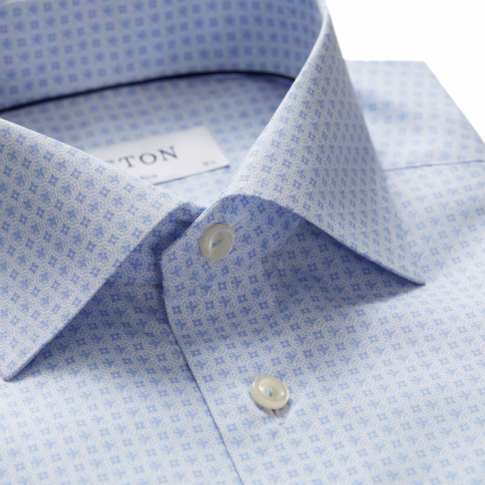 Eton - Blue Geometric Poplin, Slim Fit, Cut Away - Himmelbl&aring; & hvid