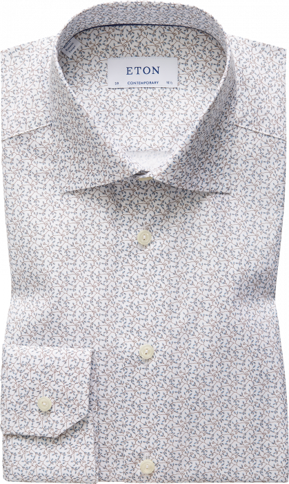 Eton - White Floral Poplin, Contemporary Fit, Cut Away - Hvid