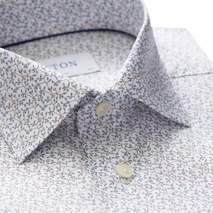 Eton - White Floral Poplin, Slim Fit, Cut Away - Hvid