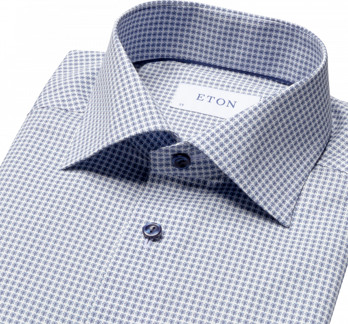 Eton - Herreskjorte Med Sm&aring; Blomster, Slim Fit - Hvid & m&oslash;rk bl&aring;