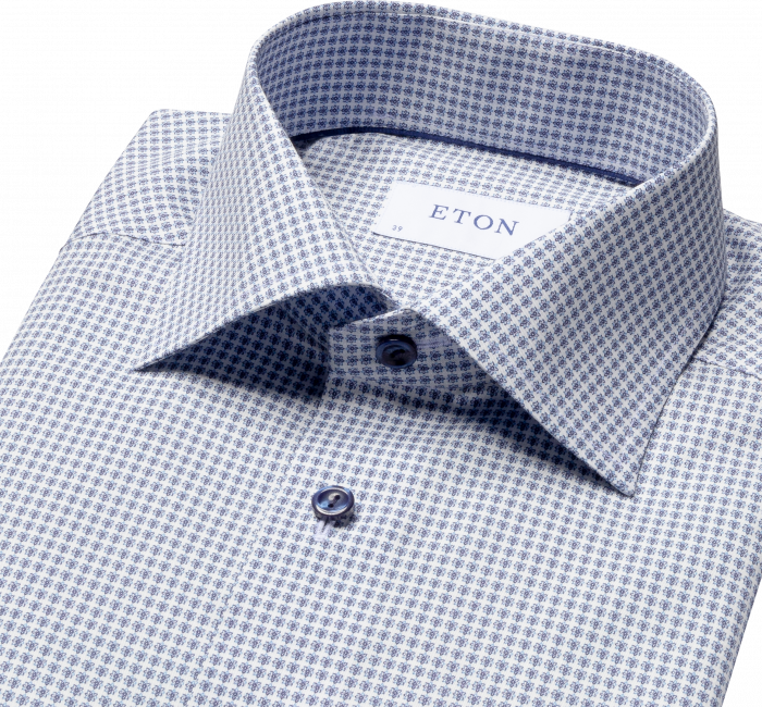 Eton - Micro Blomster Print, Contemporary Fit, Cut Away - Hvid & m&oslash;rk bl&aring;