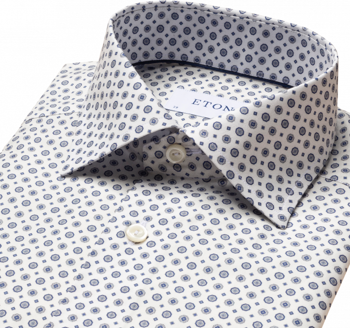 Eton - Hvid Herreskjorte Med Flot Bl&aring;t Print I Slimfit - Hvid & m&oslash;rk bl&aring;