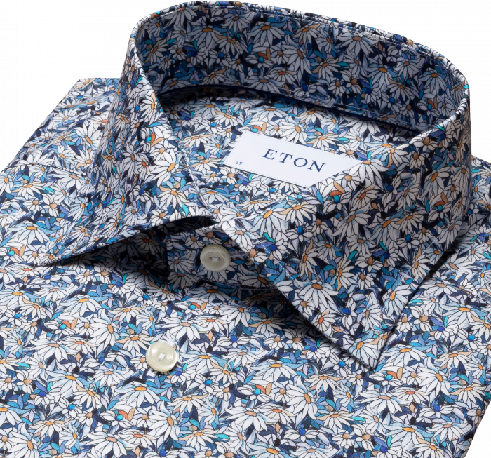 Eton - Farverig Herreskjorte Med Blomstermotiv, Slim Fit - Bl&aring;