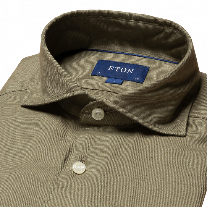 Eton - Gr&oslash;n Flannel Slim Fit Herreskjorte, Wide Spread - Gr&oslash;n