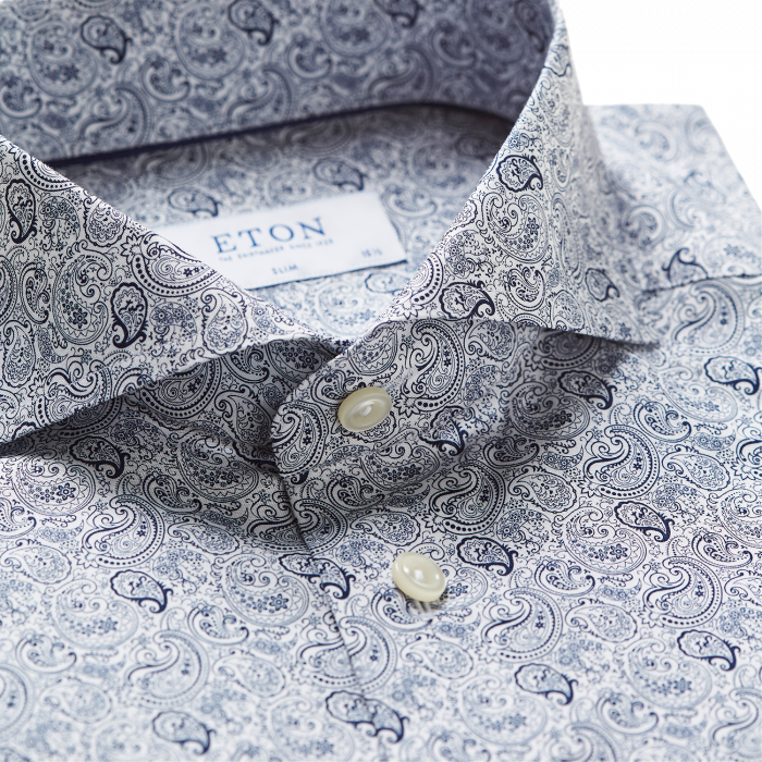 Eton - Paisley Print Poplin, Slim Fit, Extreme Cut Away - M&oslash;rk bl&aring; & hvid