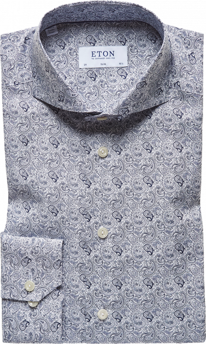 Eton - Paisley Print Poplin, Slim Fit, Extreme Cut Away - Mørk blå & hvid